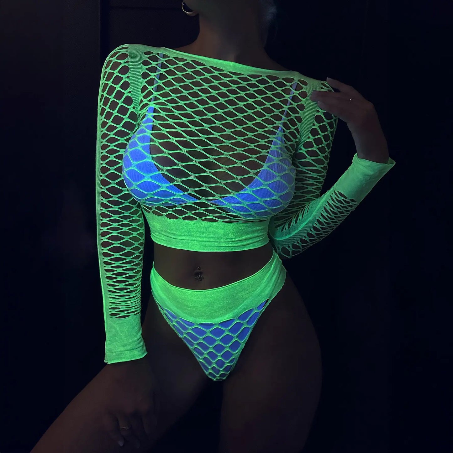 Fuorescent Green Night Light Two-Piece Fishnet Set