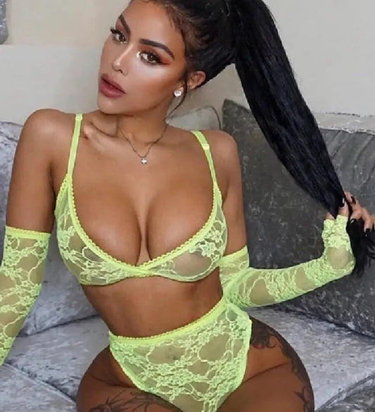 Fluorescent Yellow Sexy 3 piece Lace Bra & Panty Set with Long Sleeves