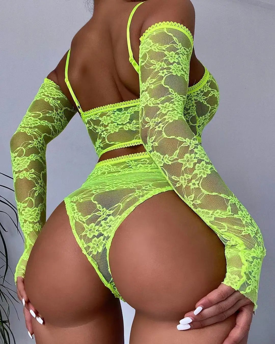 Fluorescent Yellow Sexy 3 piece Lace Bra & Panty Set with Long Sleeves