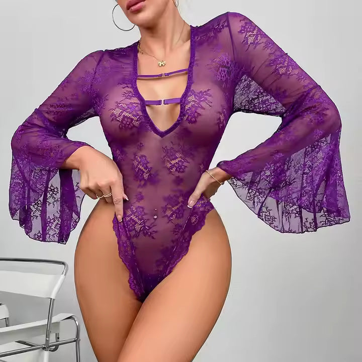 One piece See-through Lace Lotus Long Sleeved Teddy