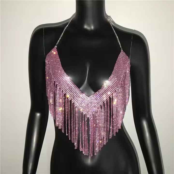 Shiny Rhinestone Backless Nightclub CamisoleA85:C88 with Tassels