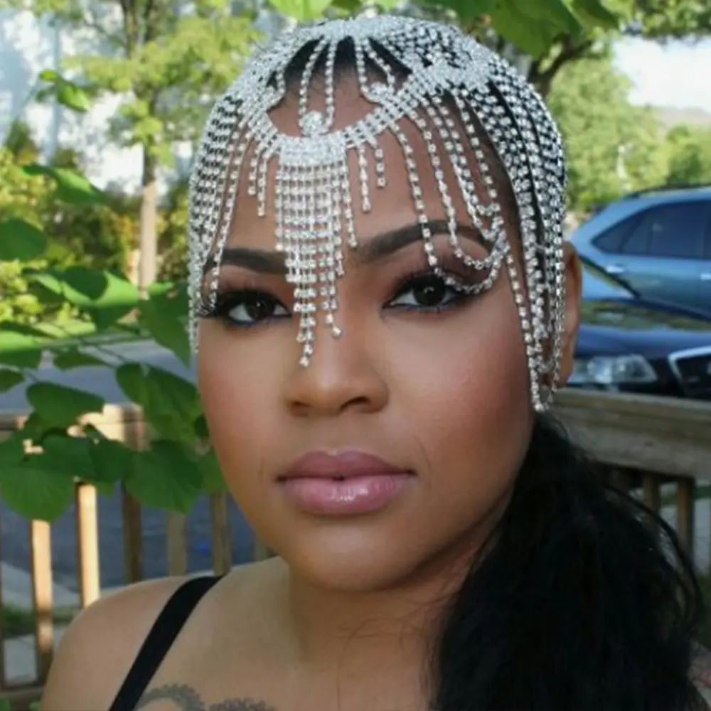 Rhinestone Long Tasseled Muslim Headdress with Exaggerated Forehead Chain