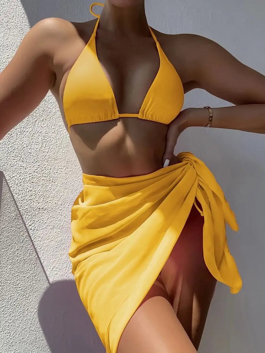 3 pce. Mesh Wrap Skirt & Bikini