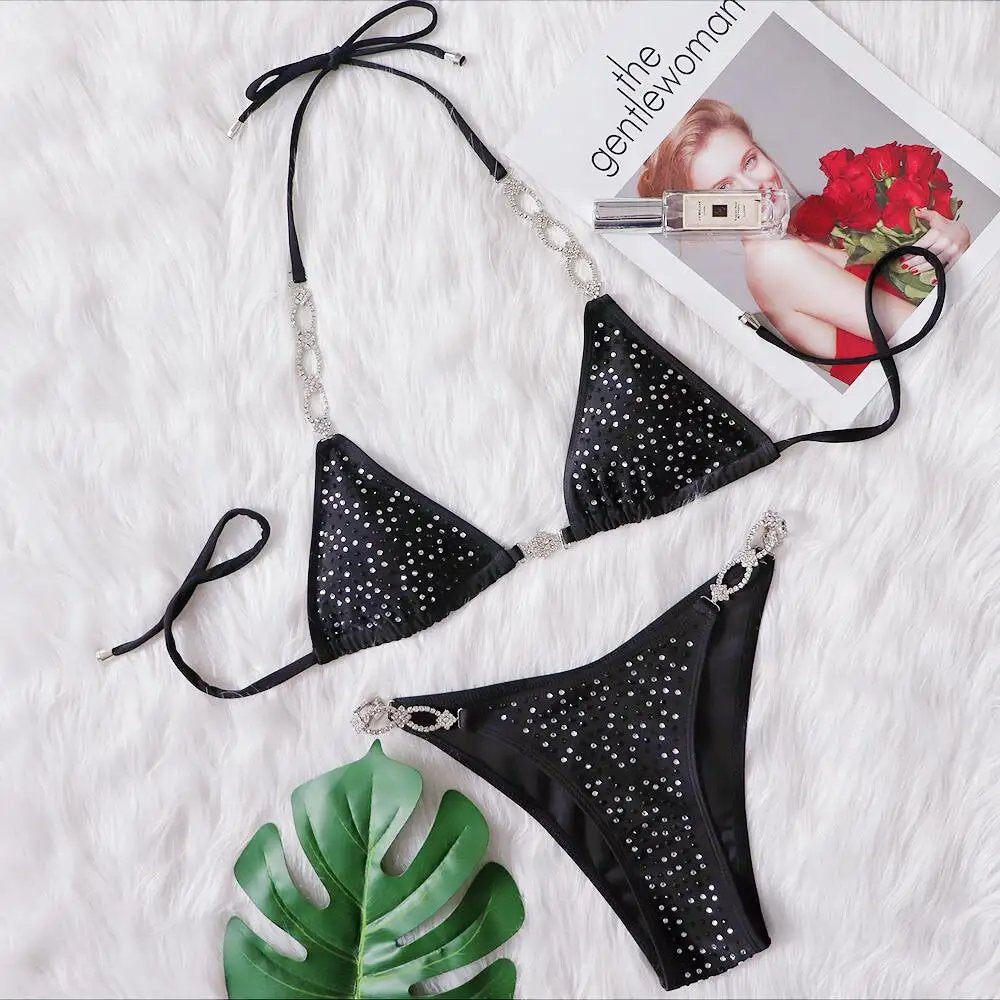 Glittering Rhinestone sexy black swimsuit women's Bikini set swim wear